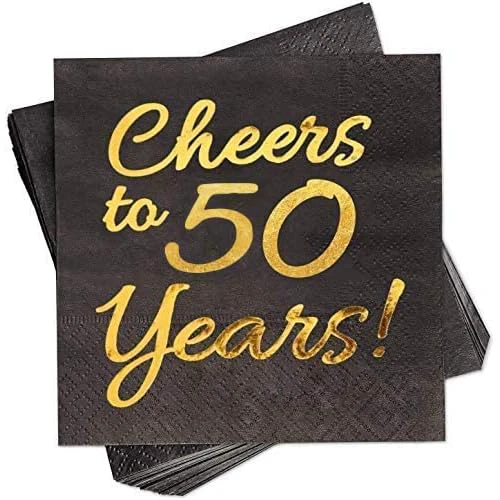 50th Birthday Decorations Men - 50PK - Cheers to 50 Years Napkins 50th Anniversary Decorations 5x5 Inches, Disposable Cocktail Napkins Paper for 50th Wedding Anniversary Decorations Black an