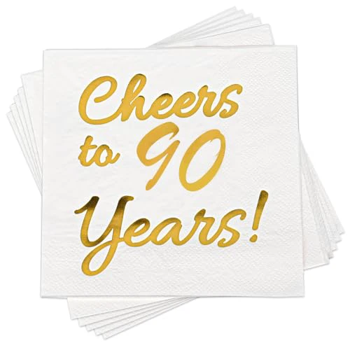 90th Birthday Decorations Men Women Party Supplies Cocktail Napkins White 90 Birthday Decorations 50 Pack,5"x 5" Folded,Cheers to 90 Years! (90) 90-White-Gold