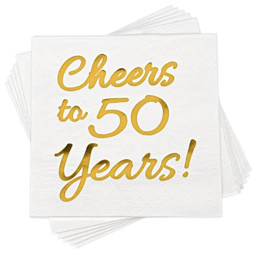 50th Birthday Decorations Men Women Party Supplies Cocktail Napkins Disposable 50th Birthday Wedding Anniversary Party Napkins Paper Beverage Napkins 50 Pack,5"x 5",Cheers to 50 Years White 