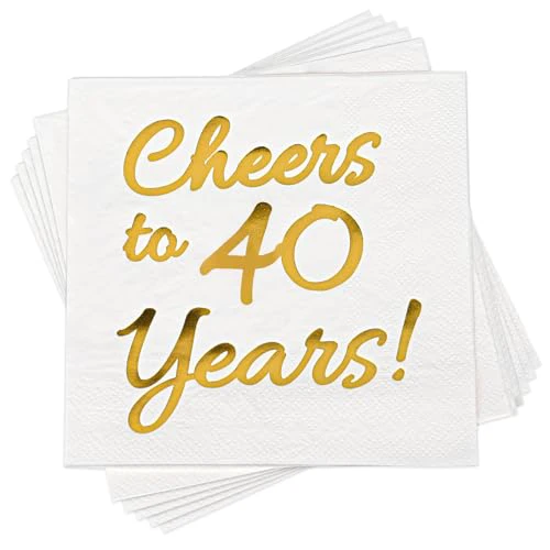 40th Birthday Napkins - 50PK - White and Gold, Disposable Cocktail Napkins for 40th Wedding Anniversary Decorations 5x5 Inch 40-White-Gold