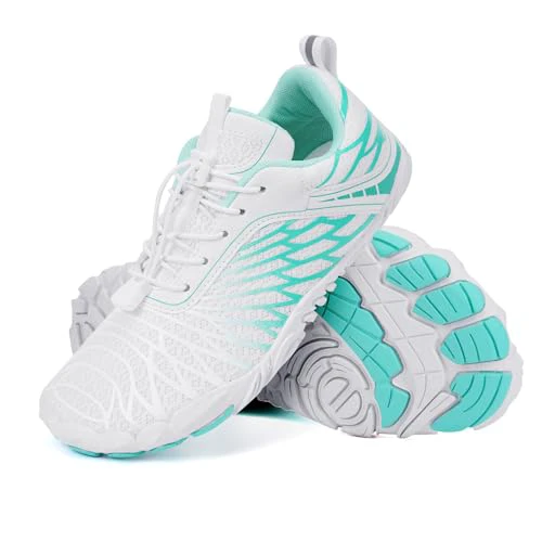 Hike Barefoot Shoes for Women Men Non-Slip Breathable Walking Shoes Wide Toe Box Comfortable Athletic Footwear 6.5 Wide Women/5.5 Wide Men A13s - (Enhanced) White/Cyan