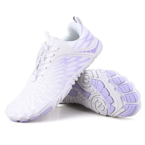 Hike Barefoot Shoes for Women Men Non-Slip Breathable Walking Shoes Wide Toe Box Comfortable Athletic Footwear 6.5 Wide Women/5.5 Wide Men A7s - (Enhanced) White/Purple