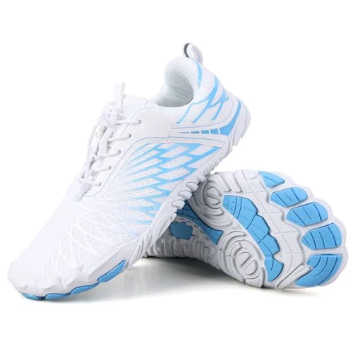 Hike Barefoot Shoes for Women Men Non-Slip Breathable Walking Shoes Wide Toe Box Comfortable Athletic Footwear 6.5 Wide Women/5.5 Wide Men A5s - (Enhanced) White/Blue